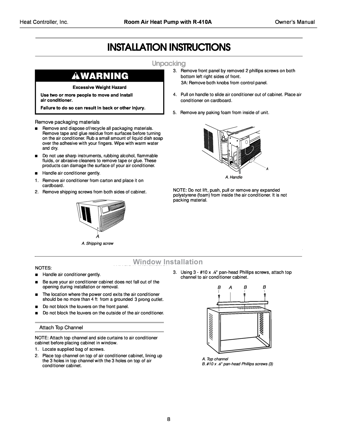 Heat Controller RAH-123G Installation Instructions, Unpacking, Heat Controller, Inc, Room Air Heat Pump with R-410A 