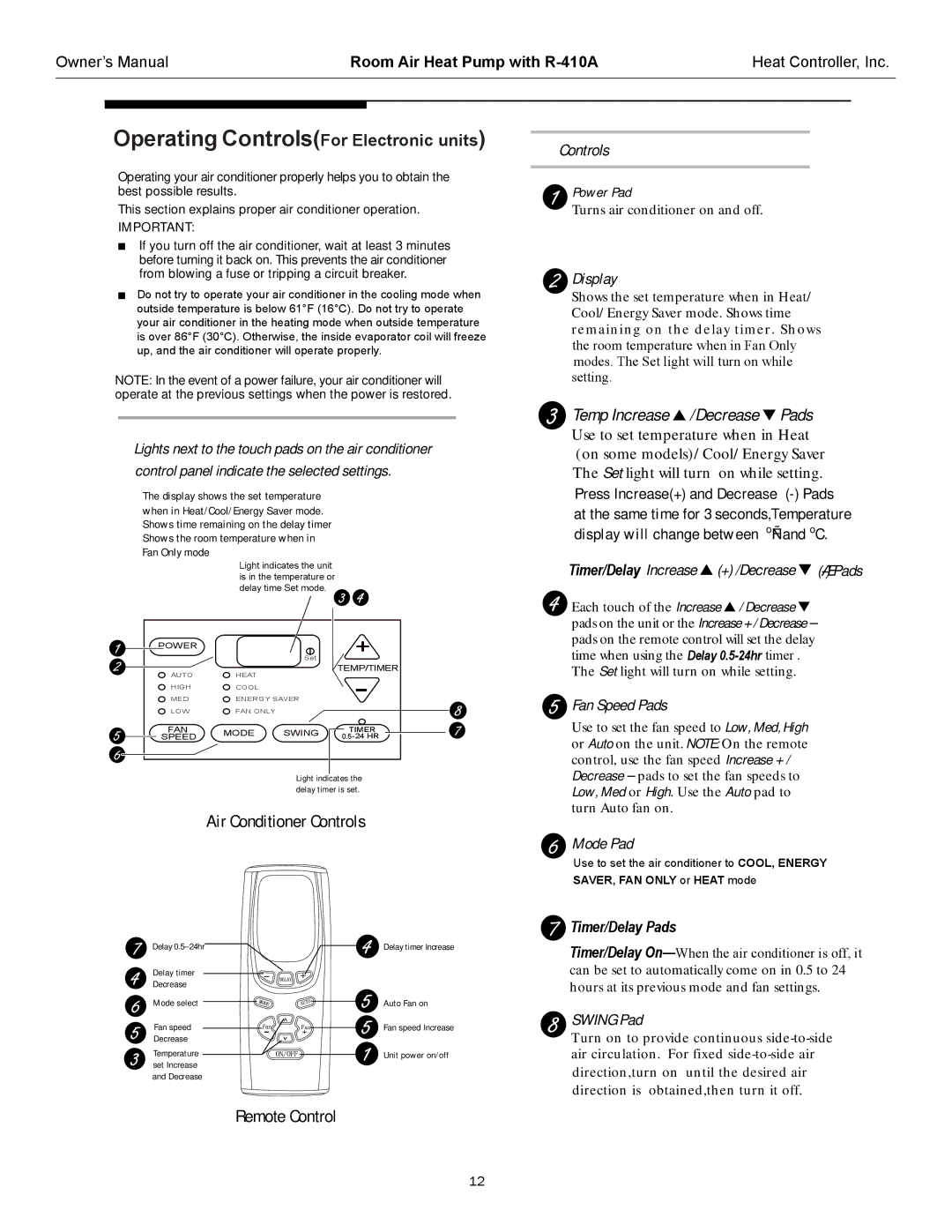 Heat Controller RAH-183G owner manual Operating ControlsFor Electronic units 