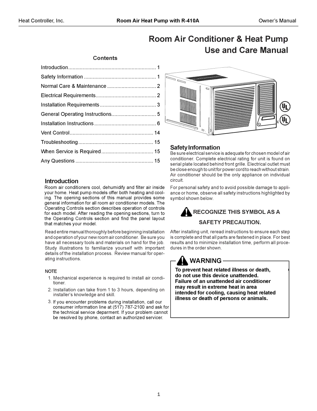 Heat Controller RAH-183G owner manual Introduction, SafetyInformation 