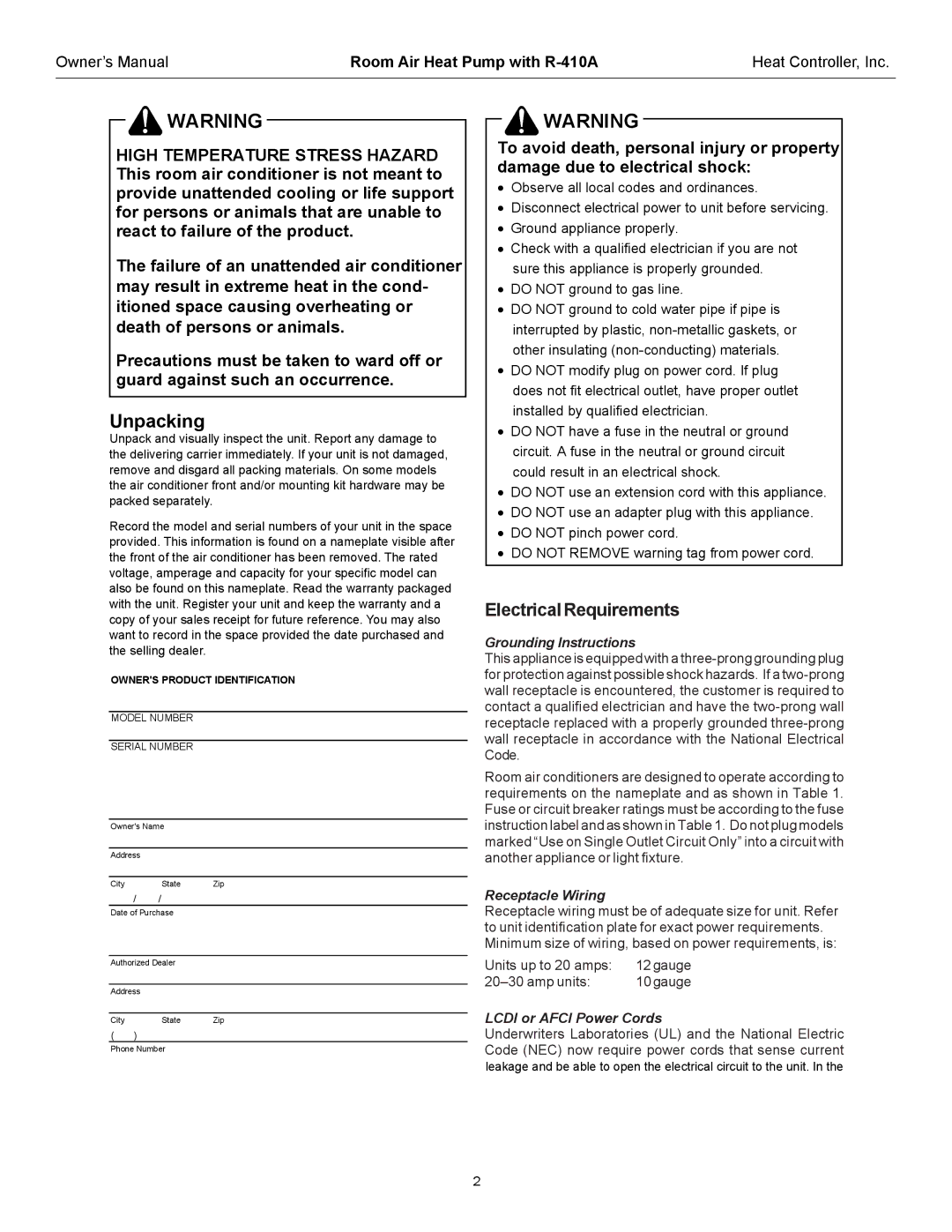 Heat Controller RAH-183G ElectricalRequirements, Grounding Instructions, Receptacle Wiring, Lcdi or Afci Power Cords 