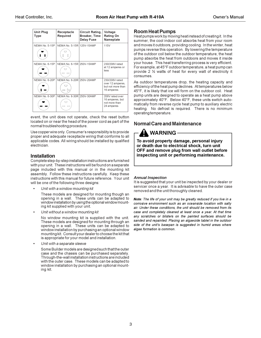 Heat Controller RAH-183G owner manual Installation, RoomHeatPumps, NormalCareandMaintenance, Annual Inspection 