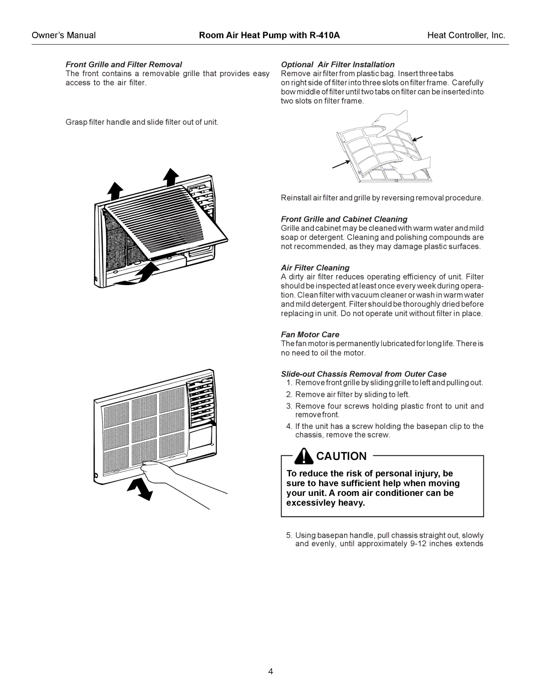 Heat Controller RAH-183G Front Grille and Filter Removal, Optional Air Filter Installation, Air Filter Cleaning 