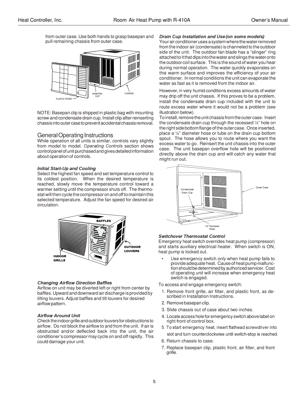 Heat Controller RAH-183G GeneralOperatingInstructions, Initial Start-Up and Cooling, Changing Airflow Direction Baffles 