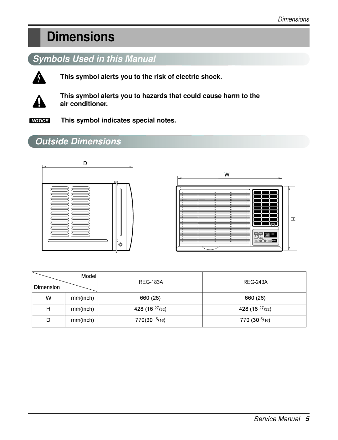 Heat Controller REG-183A, REG-243A service manual Symbols Used in this Manual, Outside Dimensions 