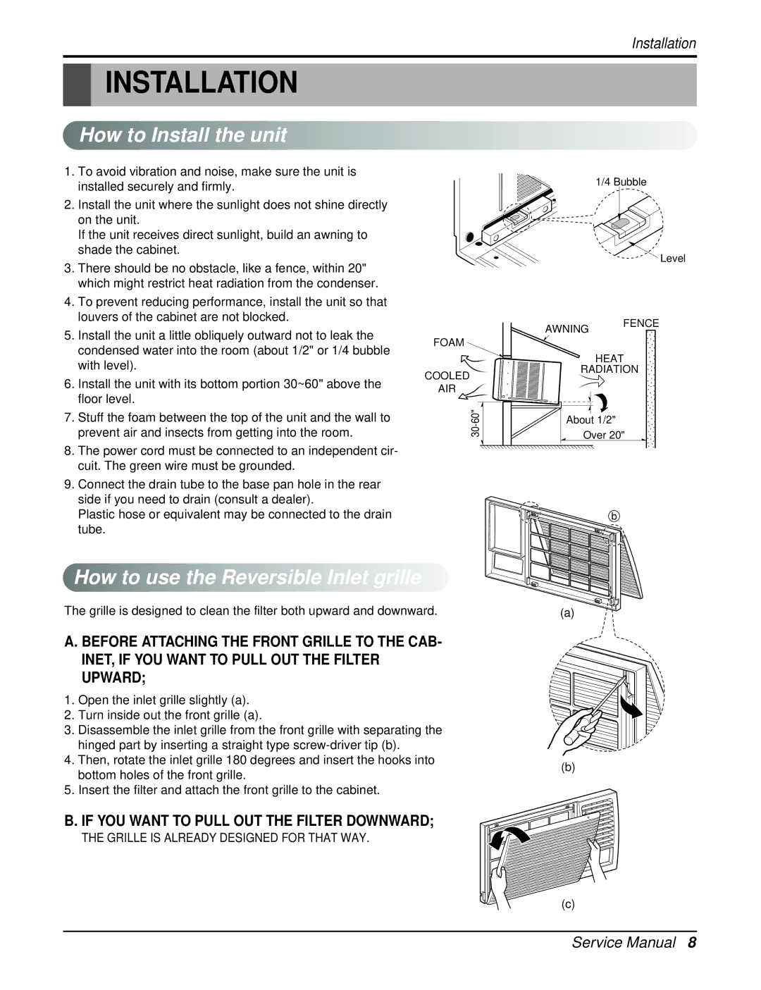 Heat Controller REG-183A, REG-243A service manual How to Install the unit, How to use the Reversible Inlet grille 