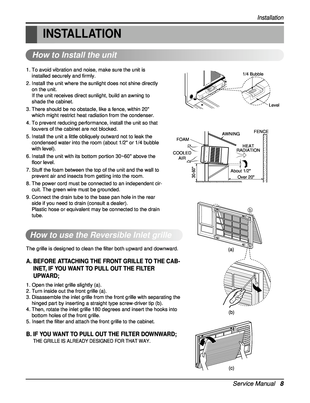 Heat Controller REG-183A, REG-243A manual Installation, HowtoInstalltheunit, HowtousetheReversibleInletgrille 