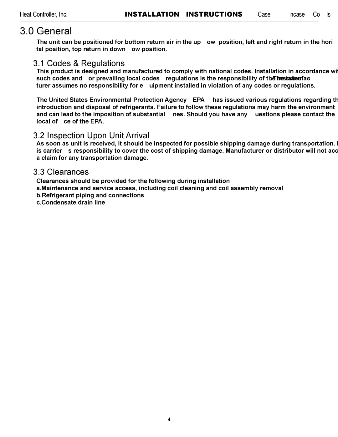 Heat Controller RSG30R-1D installation instructions General, Codes & Regulations, Inspection Upon Unit Arrival, Clearances 