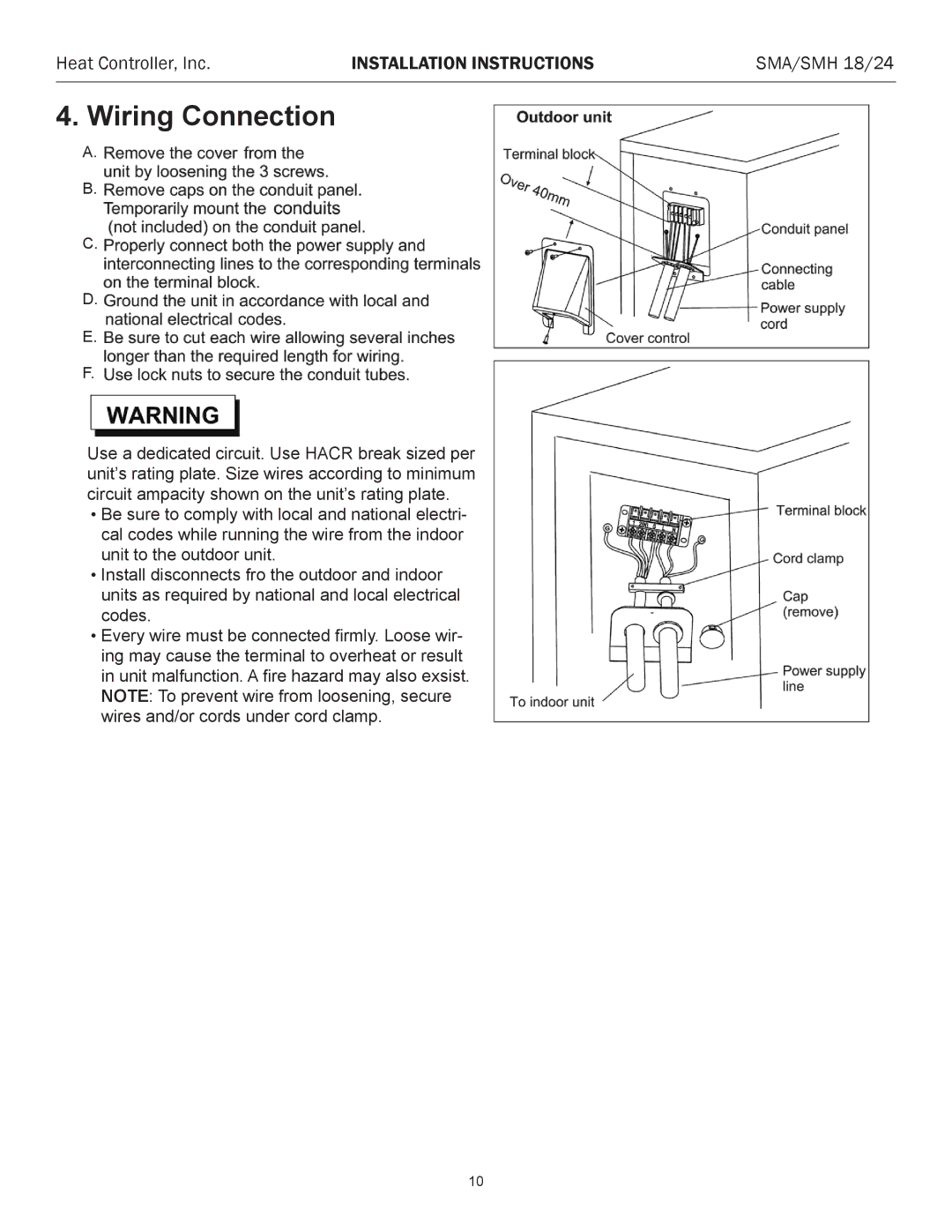 Heat Controller SMA 18 installation instructions Wiring Connection 