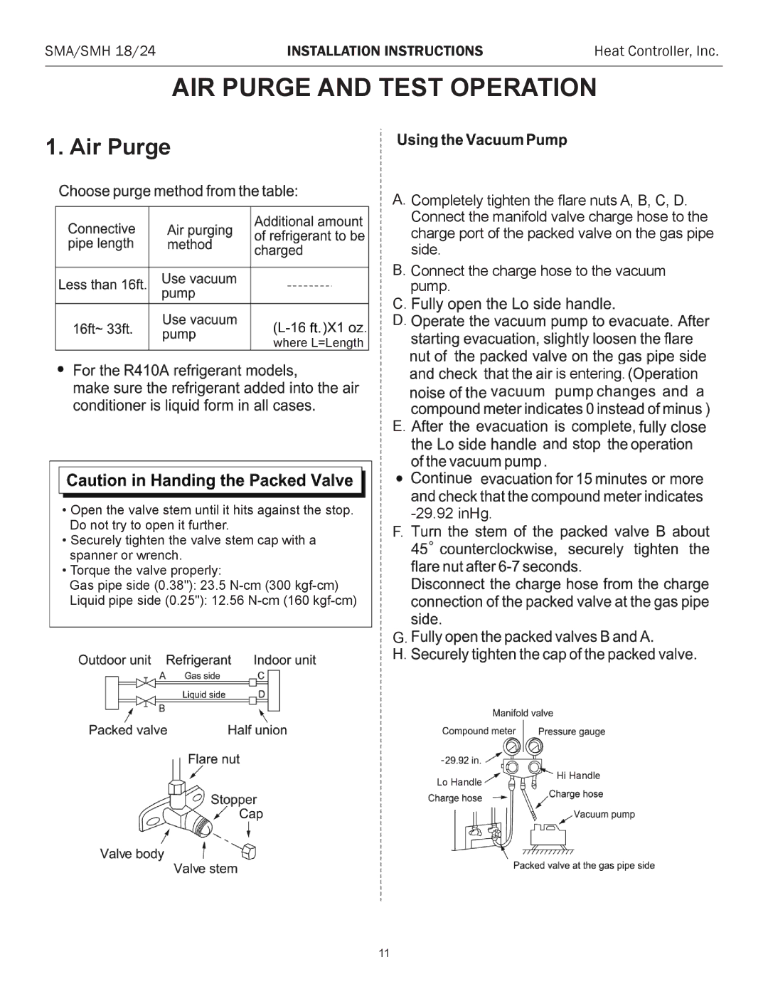 Heat Controller SMA 18 installation instructions AIR Purge and Test Operation, Air Purge 