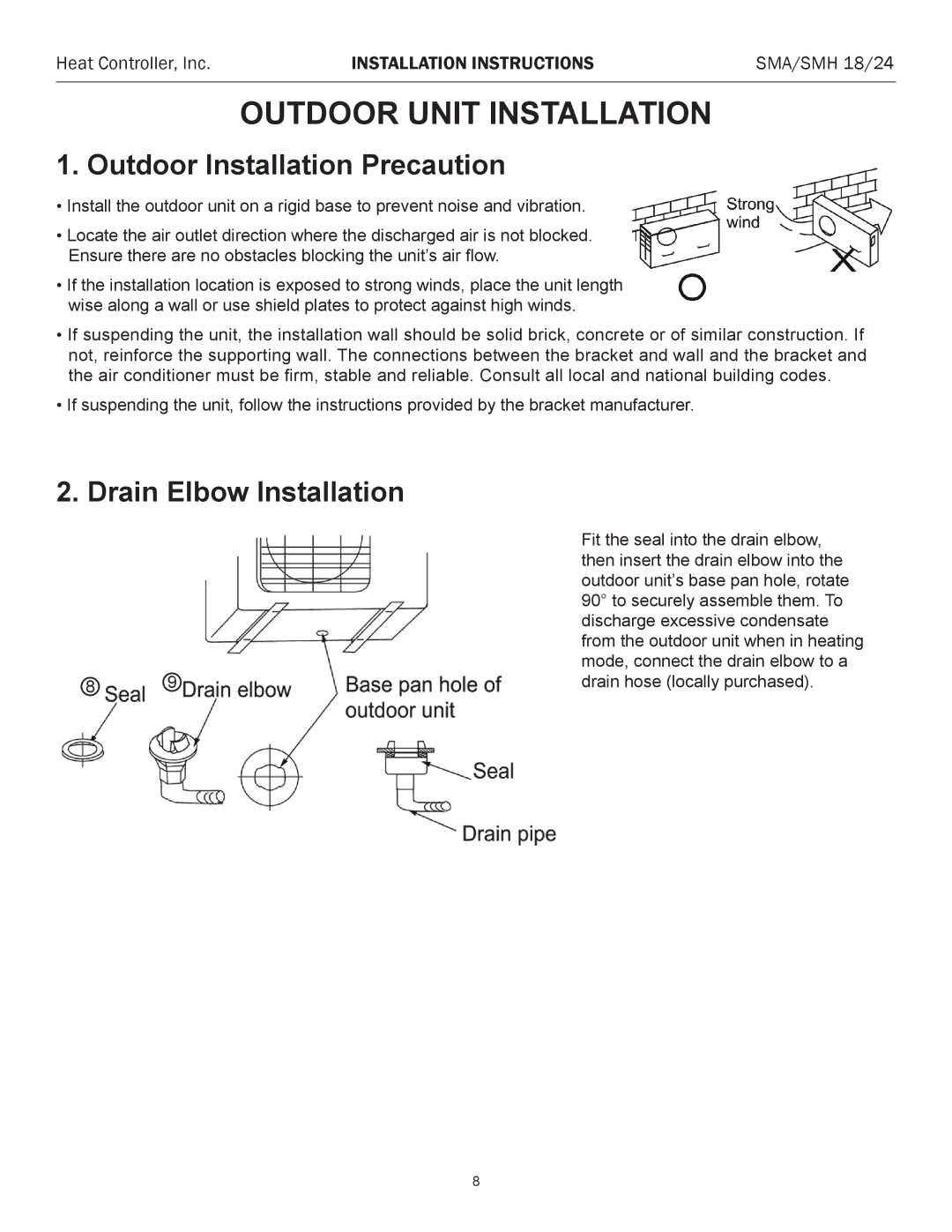 Heat Controller SMA 18 Outdoor Unit Installation, Outdoor Installation Precaution, Drain Elbow Installation 