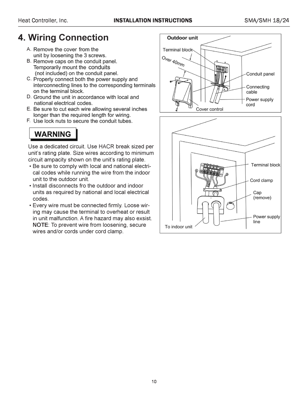 Heat Controller SMA 18 Wiring Connection, Heat Controller, Inc, Installation Instructions, SMA/SMH 18/24, A B C D E F 