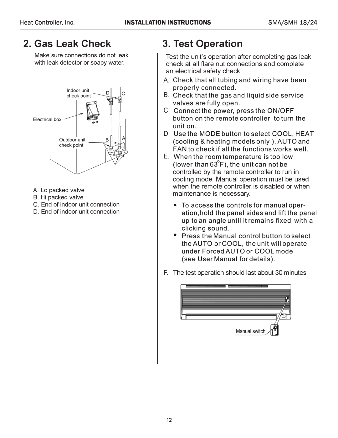 Heat Controller SMA 18 installation instructions Gas Leak Check, Test Operation 