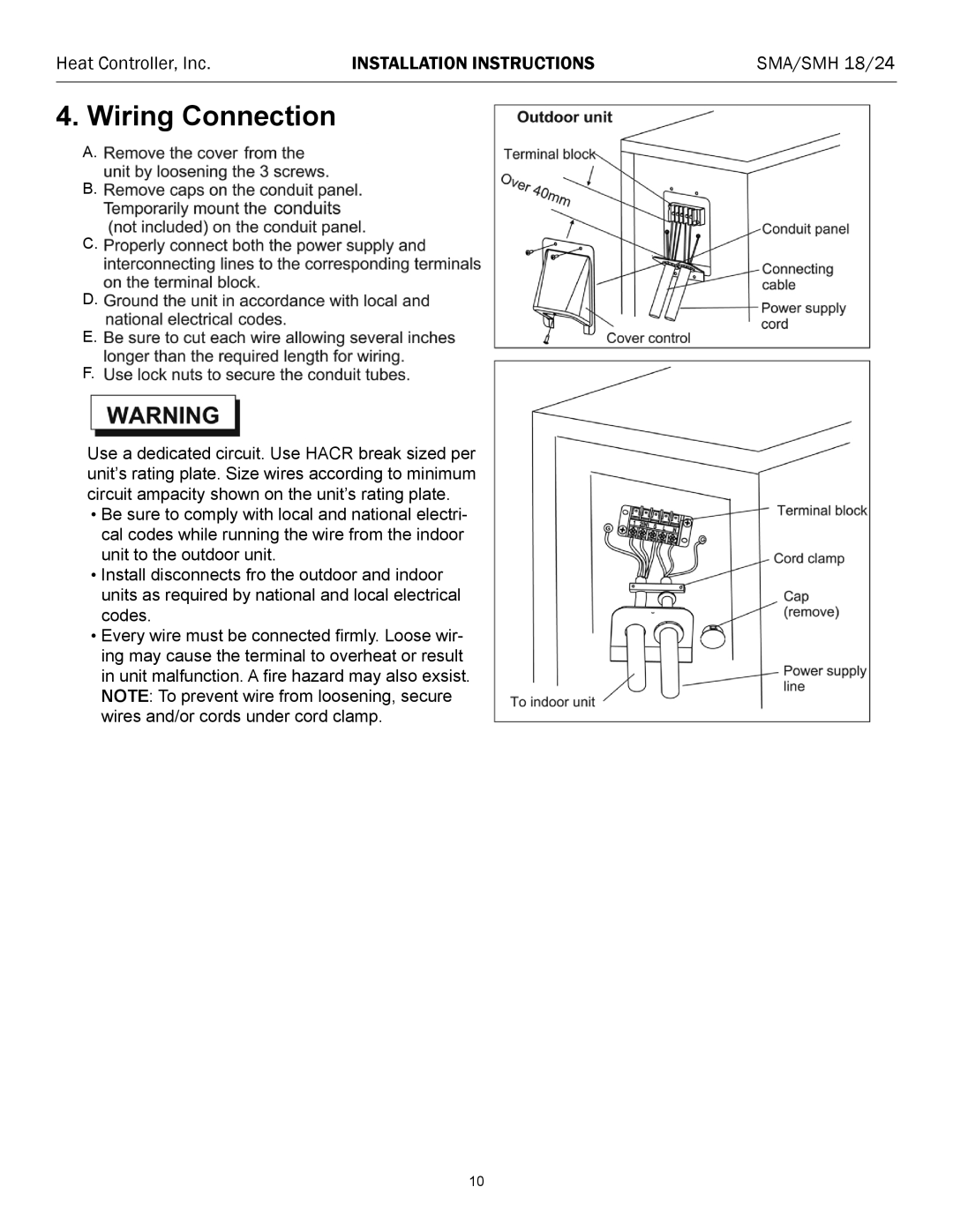Heat Controller SMA/SMH 18/24 Wiring Connection, Heat Controller, Inc, Installation Instructions, A B C D E F 