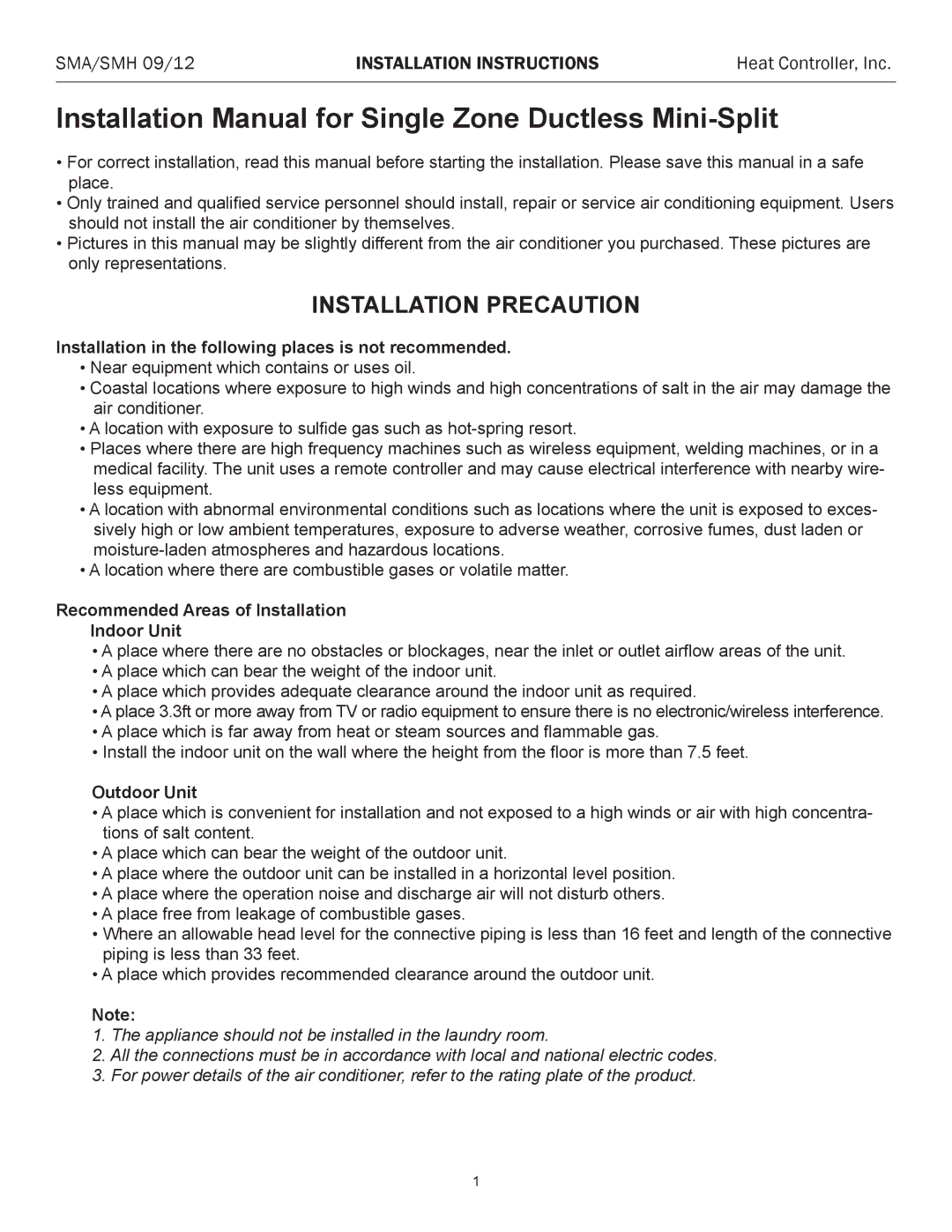 Heat Controller SMA/SMH 09/12, SMH 12, SMA 12 Installation Manual for Single Zone Ductless Mini-Split, Outdoor Unit 