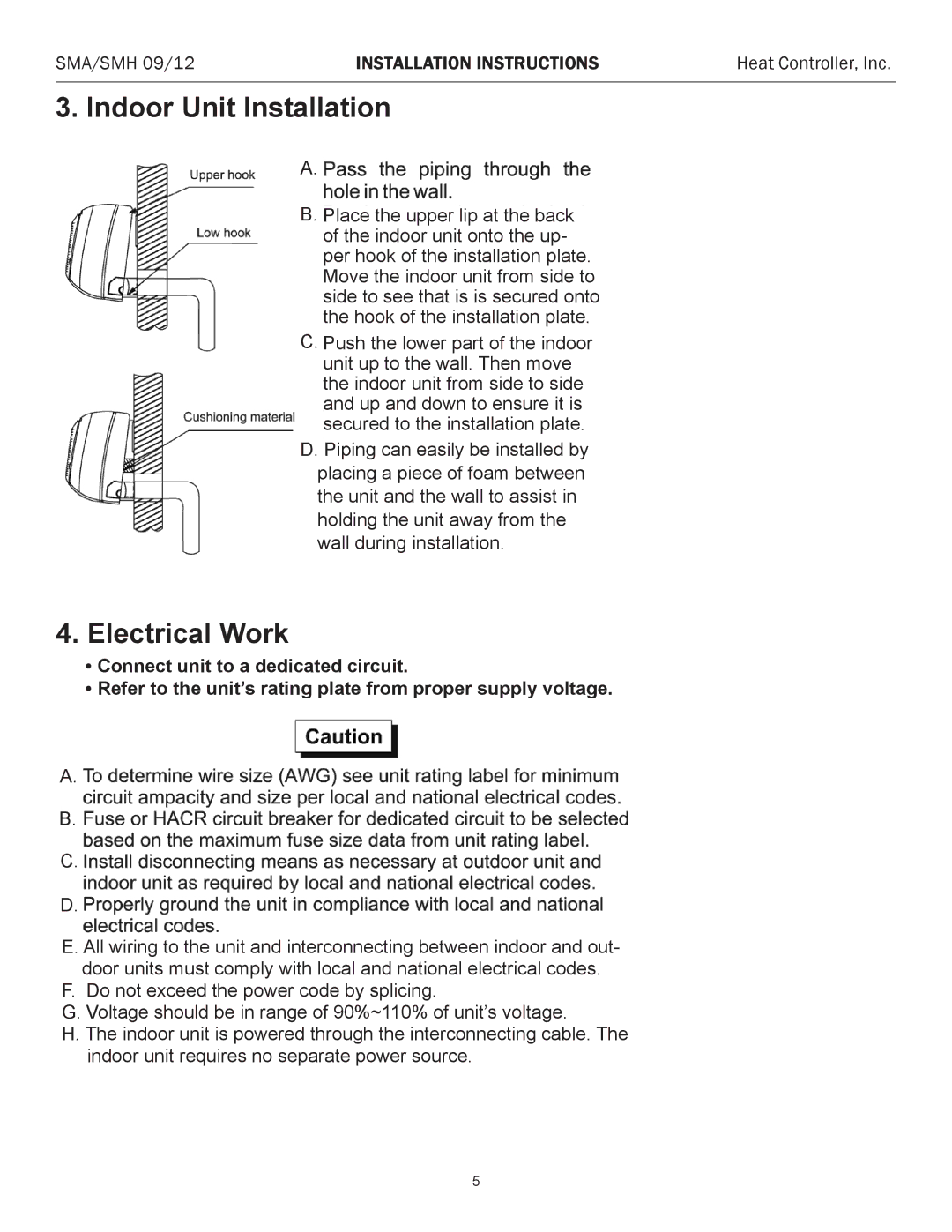 Heat Controller SMA/SMH 09/12, SMH 12, SMA 12 installation instructions Indoor Unit Installation, Electrical Work 