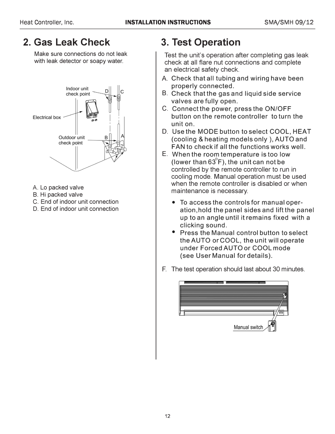 Heat Controller SMA 12, SMH 12, SMA/SMH 09/12 installation instructions Gas Leak Check, Test Operation 