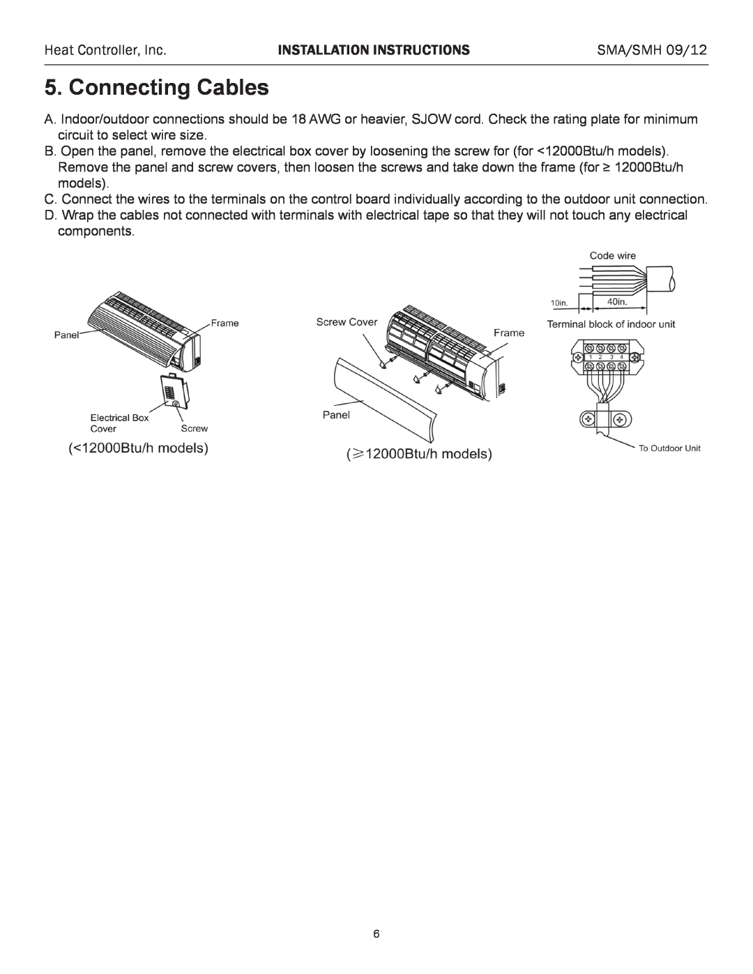 Heat Controller SMH 12, SMA 12 Connecting Cables, Heat Controller, Inc, Installation Instructions, SMA/SMH 09/12 