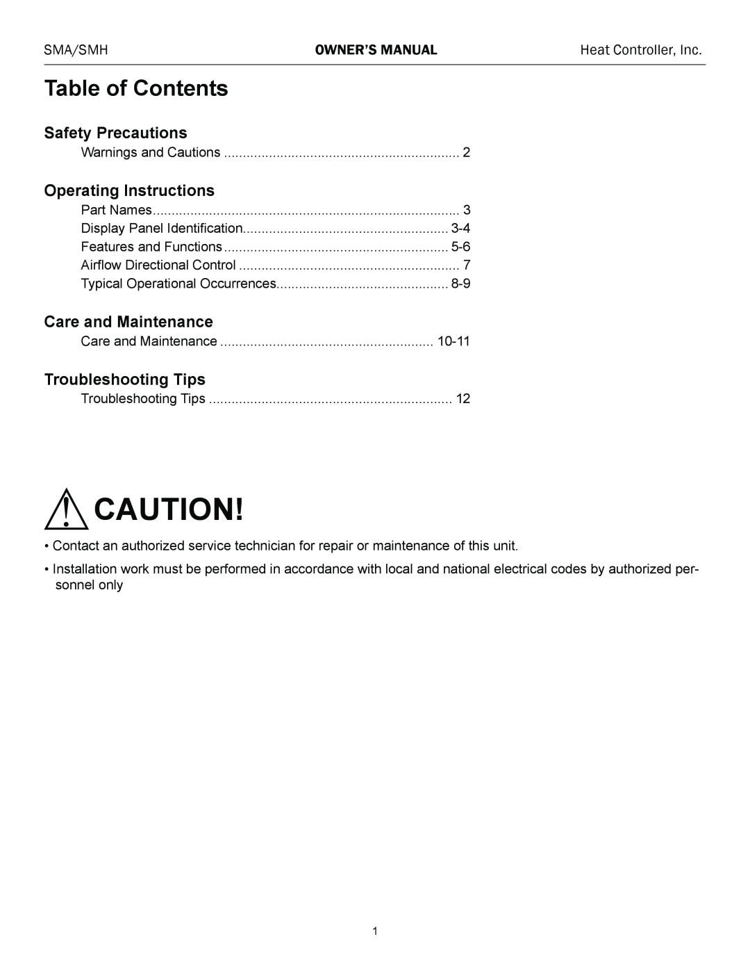 Heat Controller SMA/SMH 09 Table of Contents, Safety Precautions, Operating Instructions, Care and Maintenance, Sma/Smh 