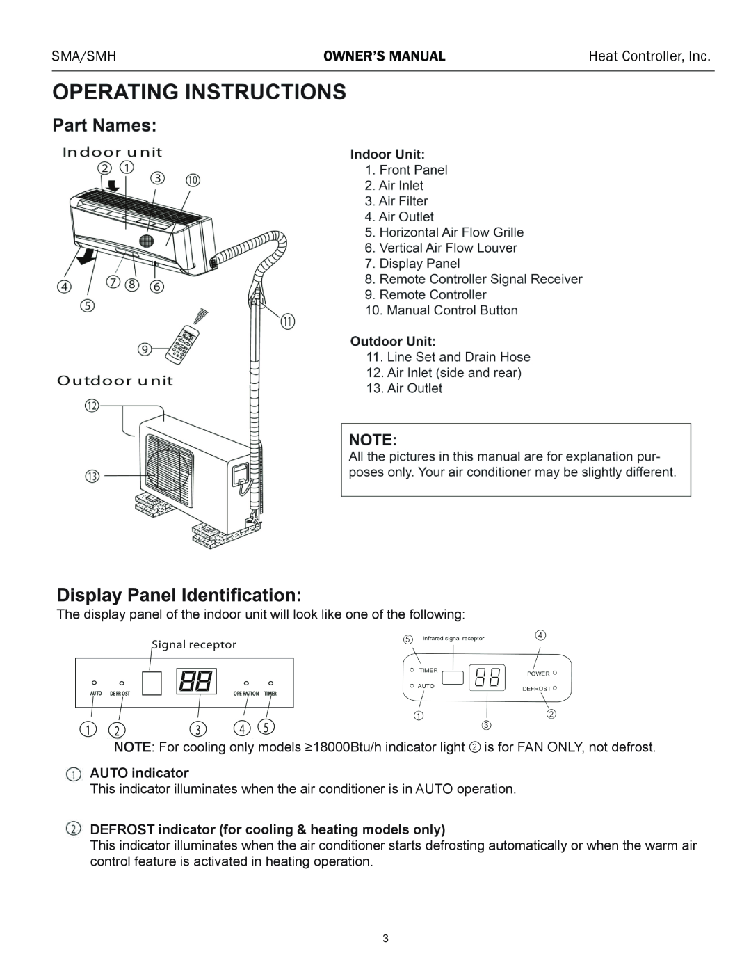 Heat Controller SMH 18 Sma/Smh, Heat Controller, Inc, AUTO indicator, DEFROST indicator for cooling & heating models only 