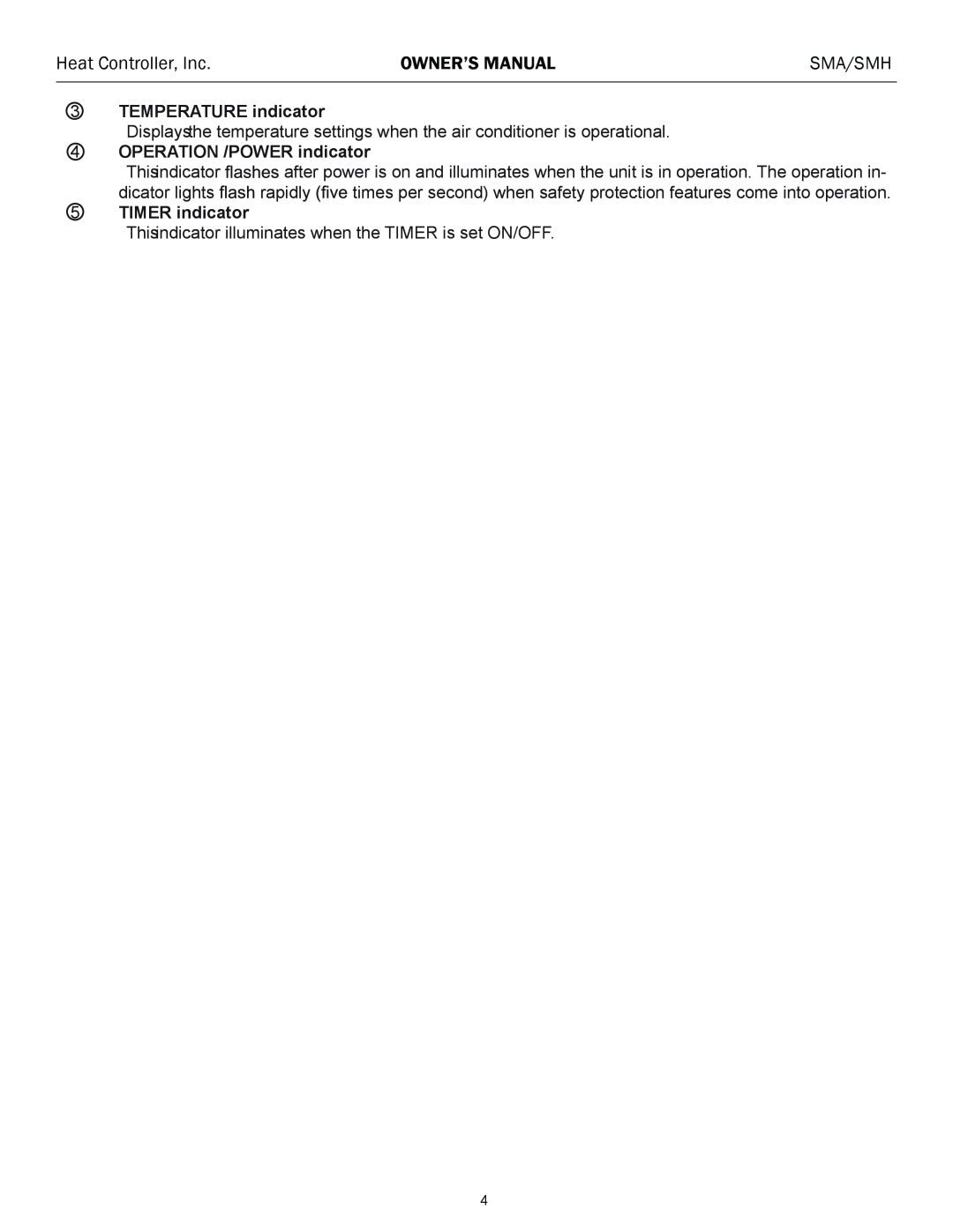 Heat Controller SMH 24 Heat Controller, Inc, Owner’S Manual, Sma/Smh, TEMPERATURE indicator, OPERATION /POWER indicator 