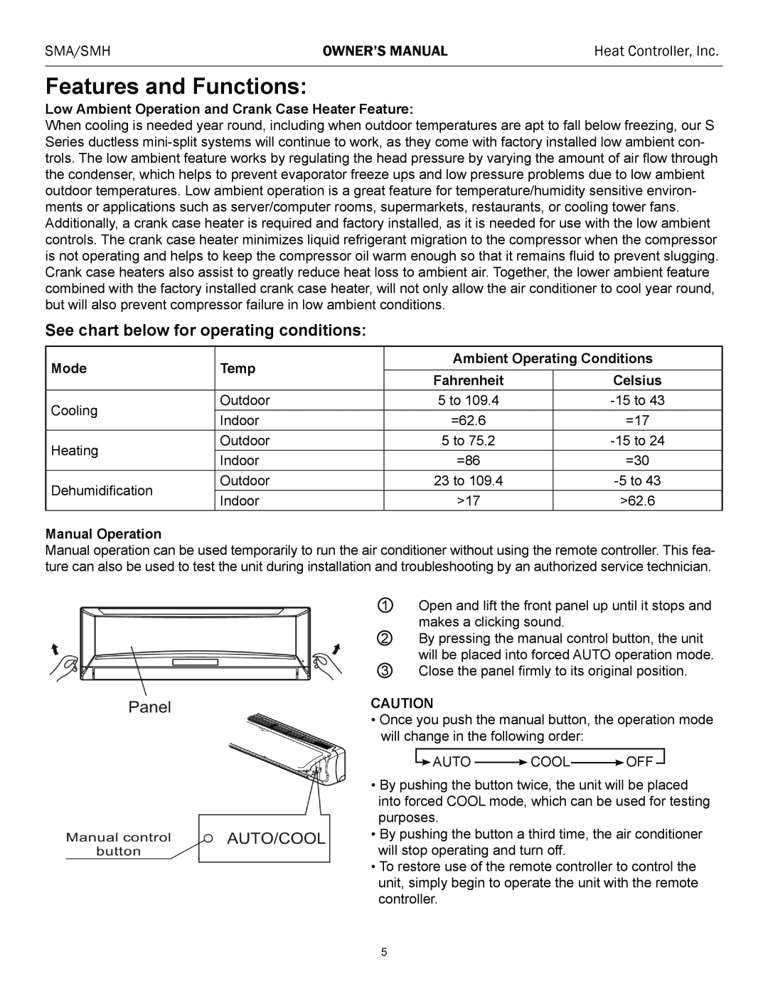 Heat Controller SMA/SMH 12 Features and Functions, See chart below for operating conditions, Sma/Smh, Owner’S Manual, Mode 