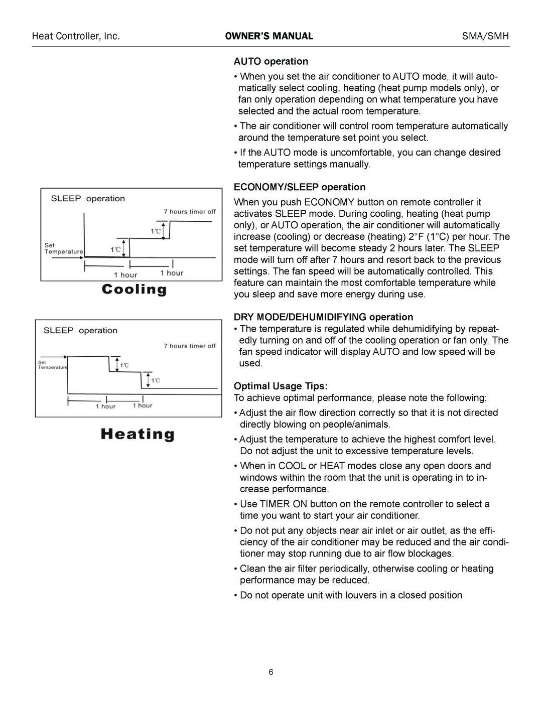 Heat Controller SMA/SMH 24 Heat Controller, Inc, AUTO operation, ECONOMY/SLEEP operation, DRY MODE/Dehumidifying operation 