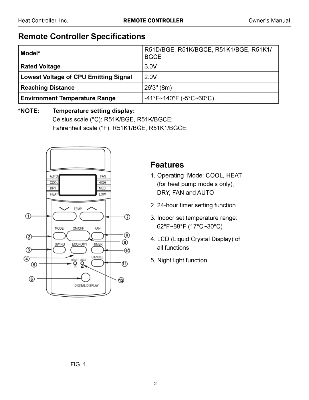 Heat Controller SMA24SC, SMH24SC owner manual Remote Controller Specifications 