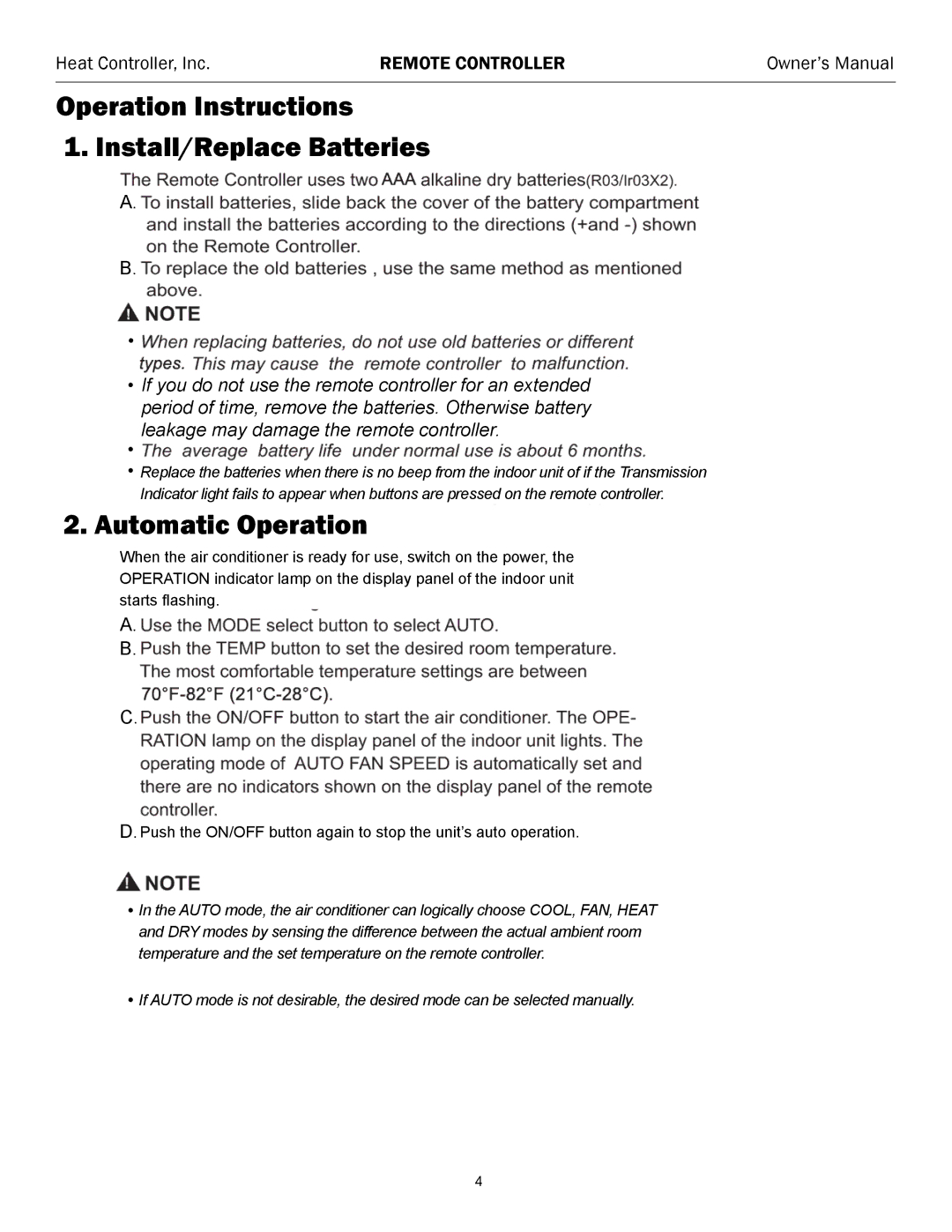 Heat Controller SMA24SC, SMH24SC owner manual Operation Instructions Install/Replace Batteries 