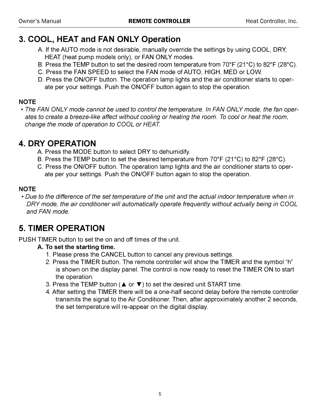 Heat Controller SMH24SC, SMA24SC owner manual DRY Operation 