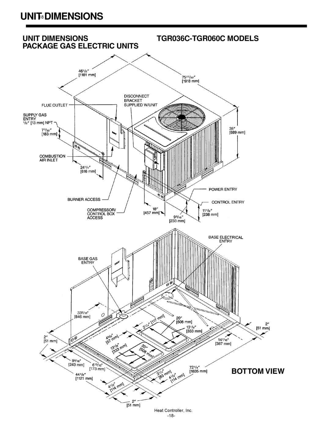 Heat Controller TGC060C-4K-135 manual Unit Dimensions, Package Gas Electric Units, Bottom View, TGR036C-TGR060CMODELS 