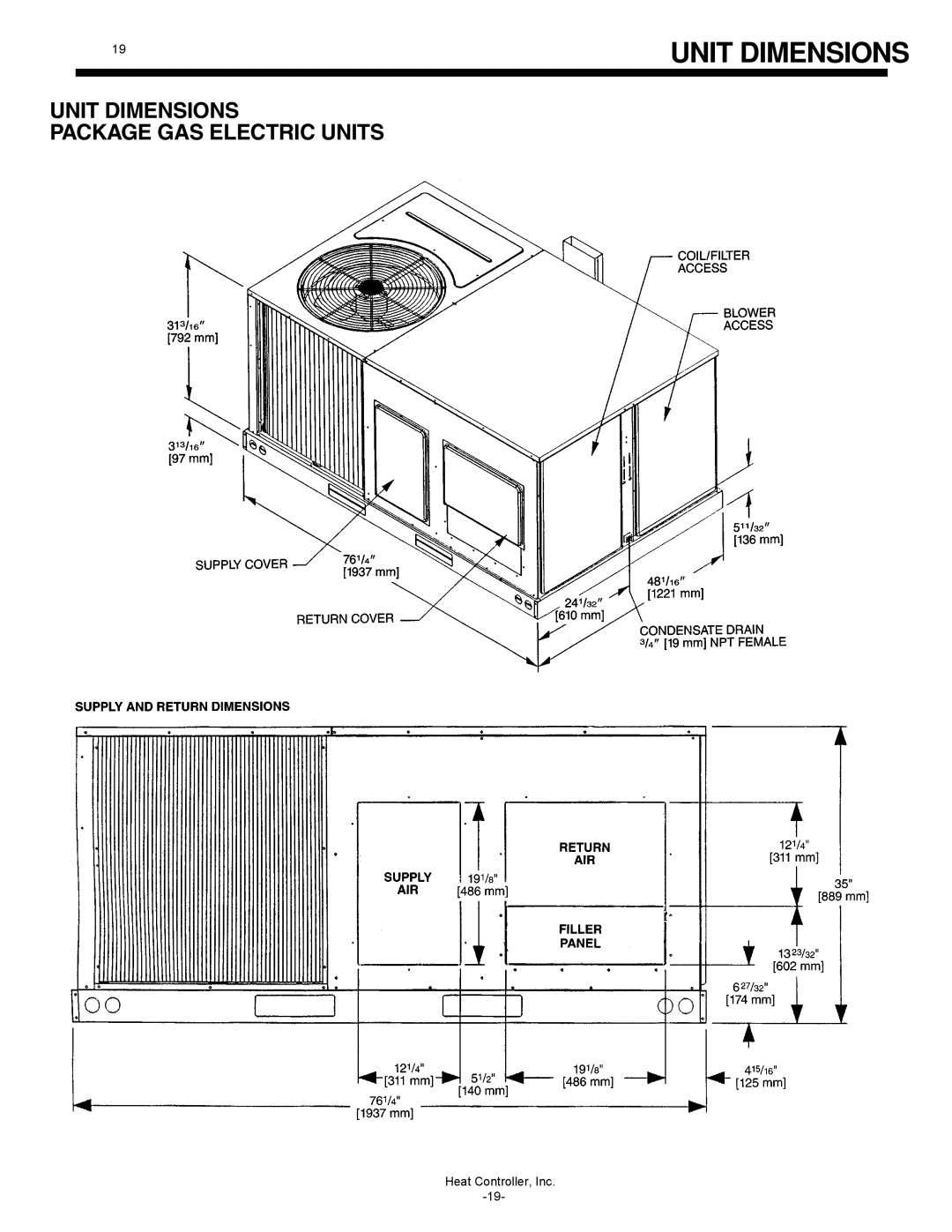 Heat Controller TGC048C-1K-135, TGC060C-4K-135 manual Unit Dimensions Package Gas Electric Units, Heat Controller, Inc 