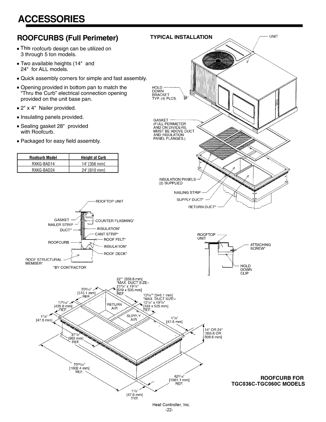 Heat Controller TGC060C-3K-135, TGC060C-4K-135 manual ACCESSORIES22, ROOFCURBS Full Perimeter, Typical Installation 