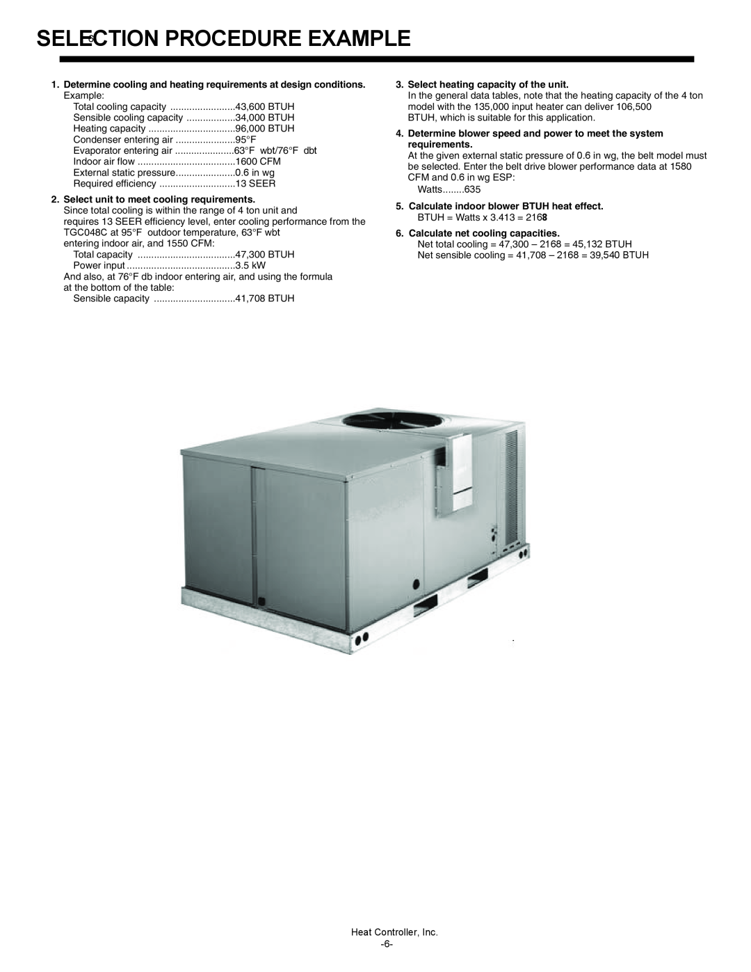Heat Controller TGC042C-1K-120, TGC060C-4K-135 manual SELECTION6PROCEDURE EXAMPLE, Select unit to meet cooling requirements 