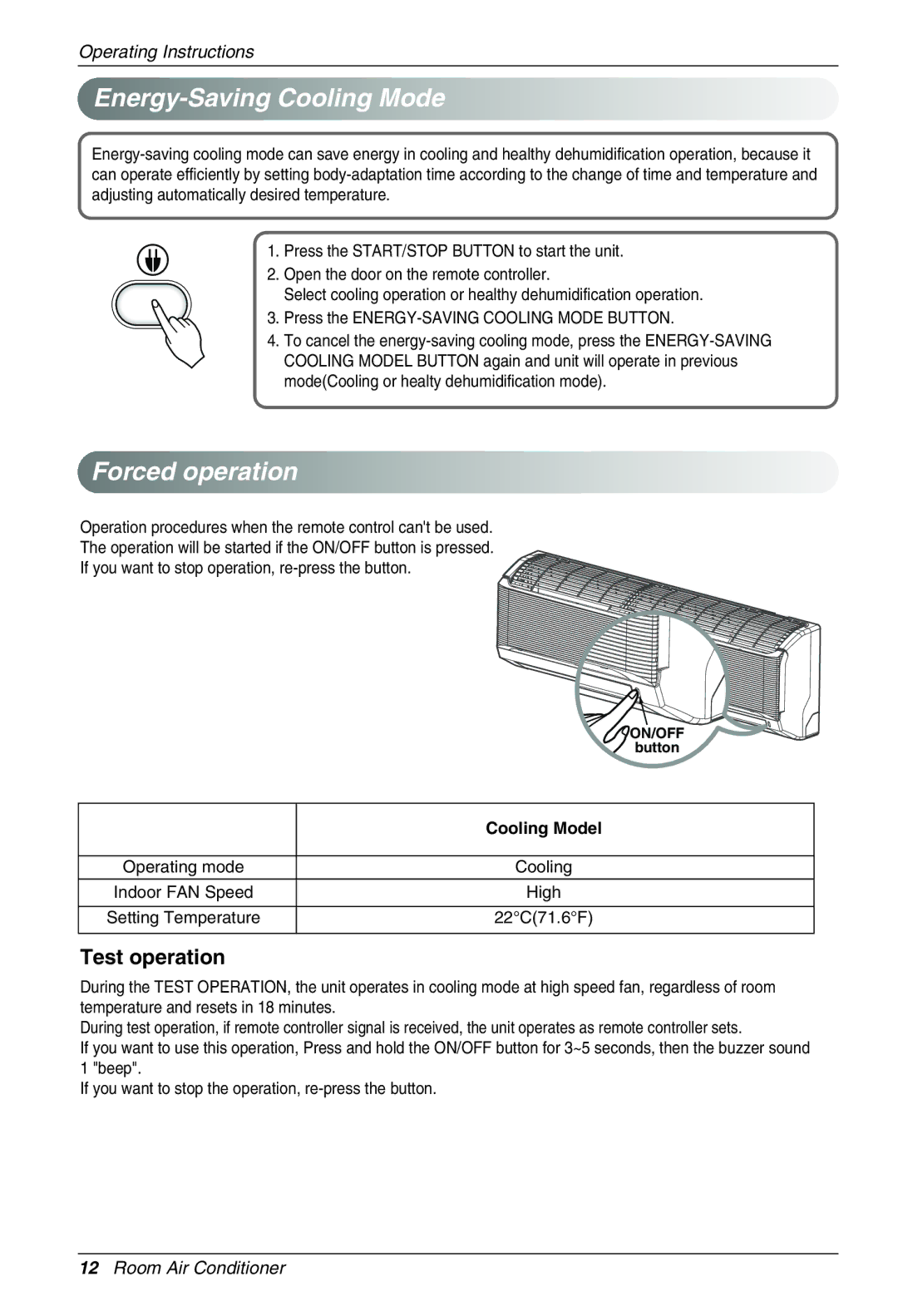 Heat Controller VMC18SB-1, VMC12SB-1, VMC24SB-1, VMC09SB-1 manual Energy-Saving Cooling Mode, Forced operation 