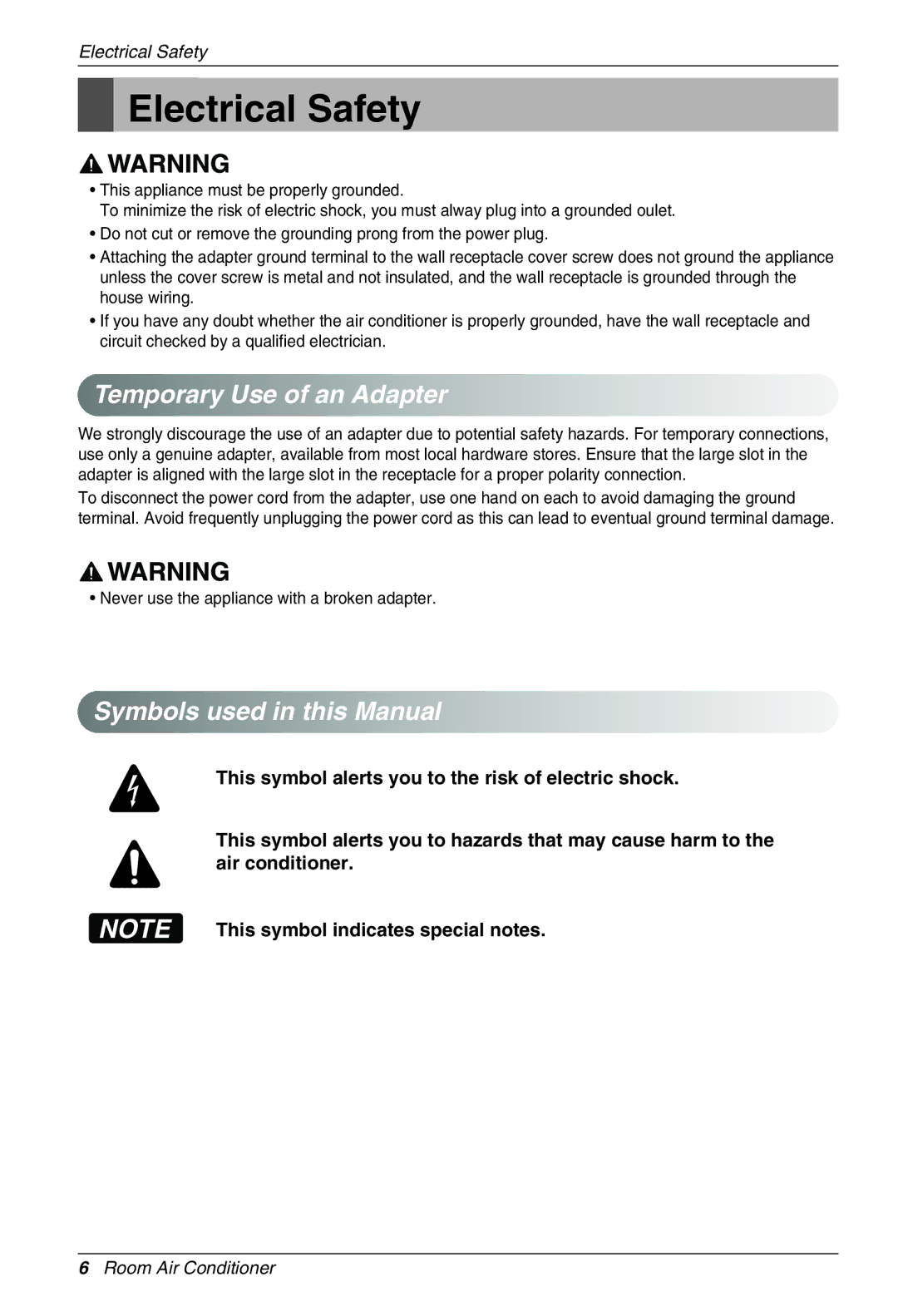 Heat Controller VMC24SB-1, VMC18SB-1, VMC12SB-1 Electrical Safety, Temporary Use of an Adapter, Symbols used in this Manual 