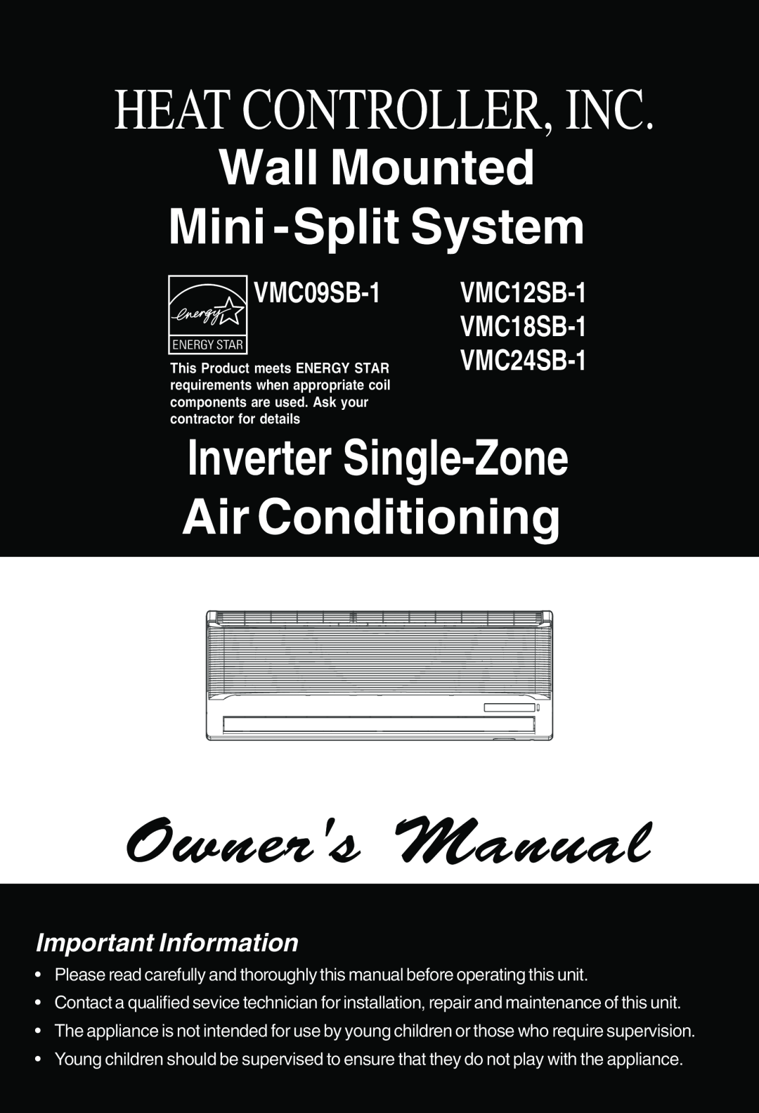 Heat Controller VMC12SB-1 manual Important Information, Heat Controller, Inc, Wall Mounted Mini -SplitSystem, VMC09SB-1 
