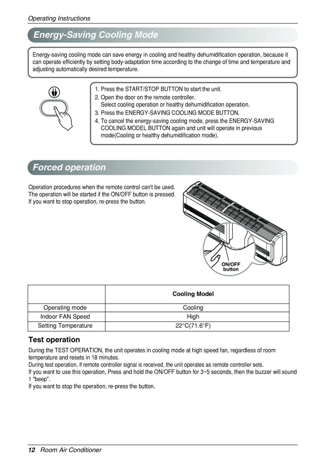 Heat Controller VMC30SB-1 manual Energy-SavingCoolingMode, Forcedoperation, Test operation, Operating Instructions 