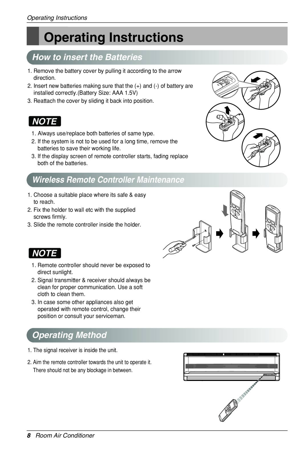 Heat Controller VMC30SB-1 manual Operating Instructions, HowtoinserttheBatteries, WirelessRemoteControllerMaintenance 