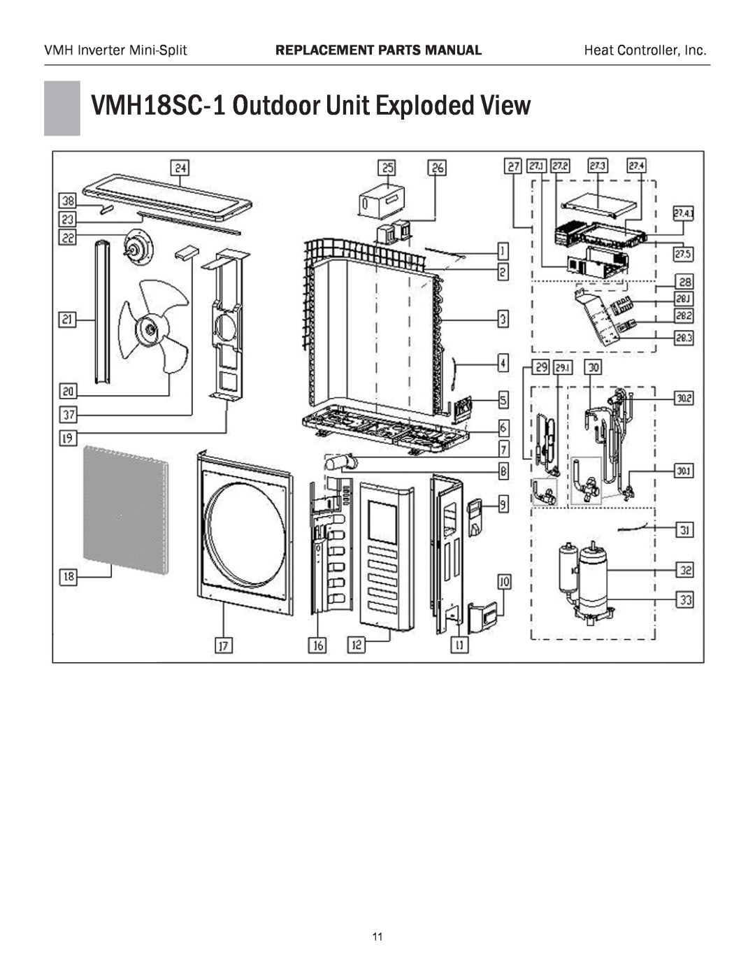Heat Controller VMH 24 manual VMH18SC-1Outdoor Unit Exploded View, VMH Inverter Mini-Split, Replacement Parts Manual 