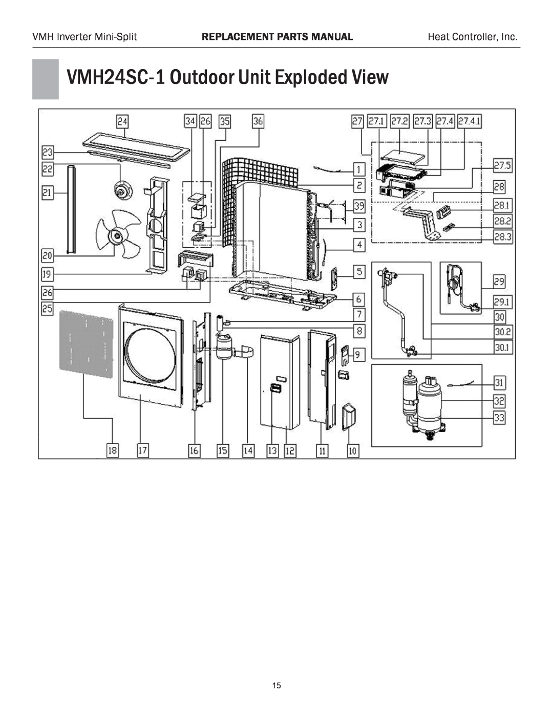 Heat Controller VMH 24 manual VMH24SC-1Outdoor Unit Exploded View, VMH Inverter Mini-Split, Replacement Parts Manual 