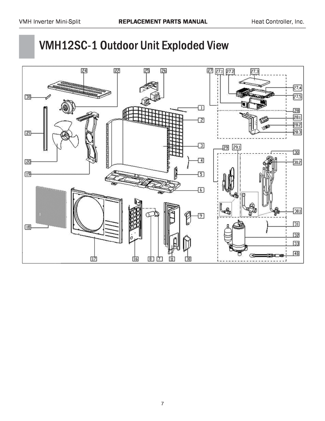 Heat Controller VMH 24 manual VMH12SC-1Outdoor Unit Exploded View, VMH Inverter Mini-Split, Replacement Parts Manual 