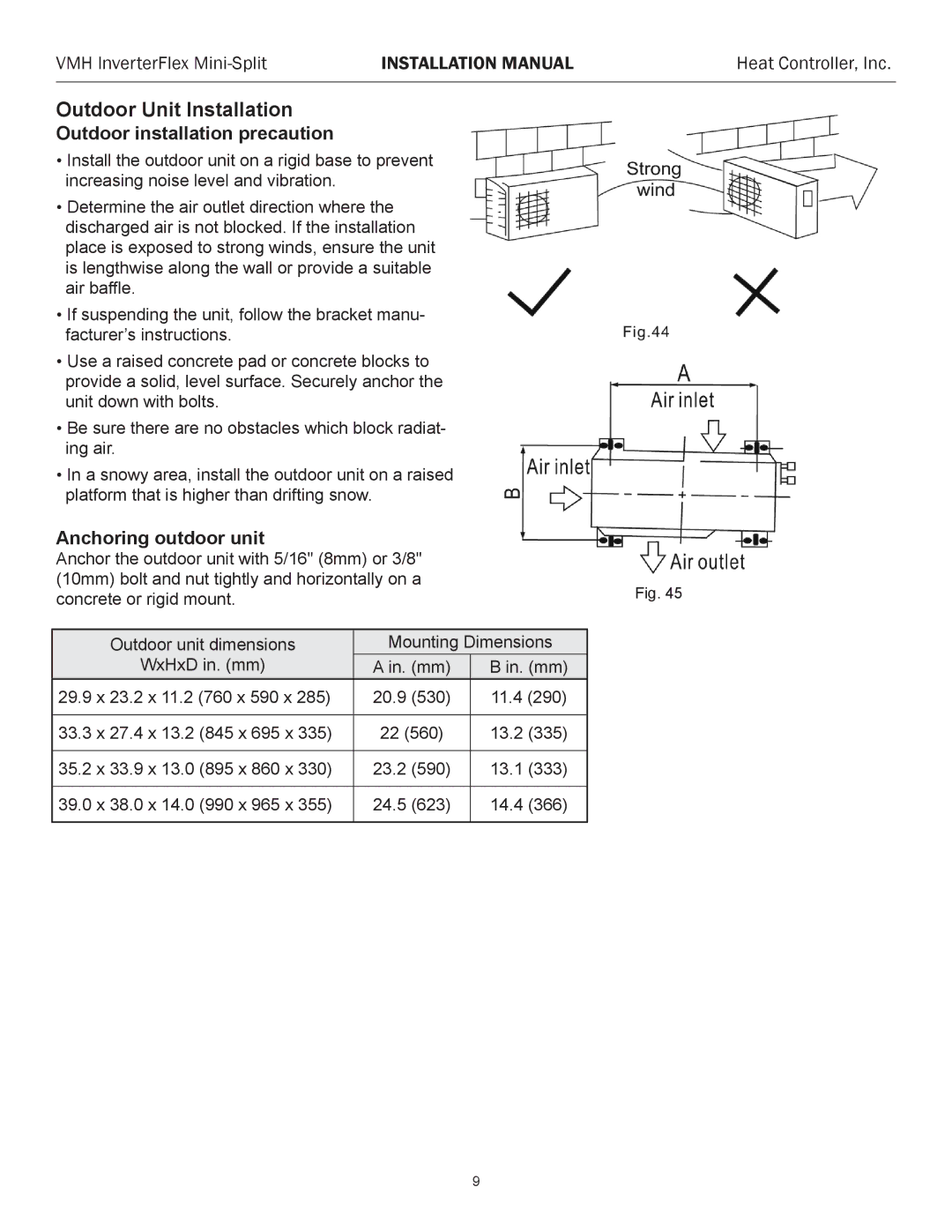 Heat Controller VMH 27, VMH 18, VMH 36 Outdoor Unit Installation, Outdoor installation precaution, Anchoring outdoor unit 