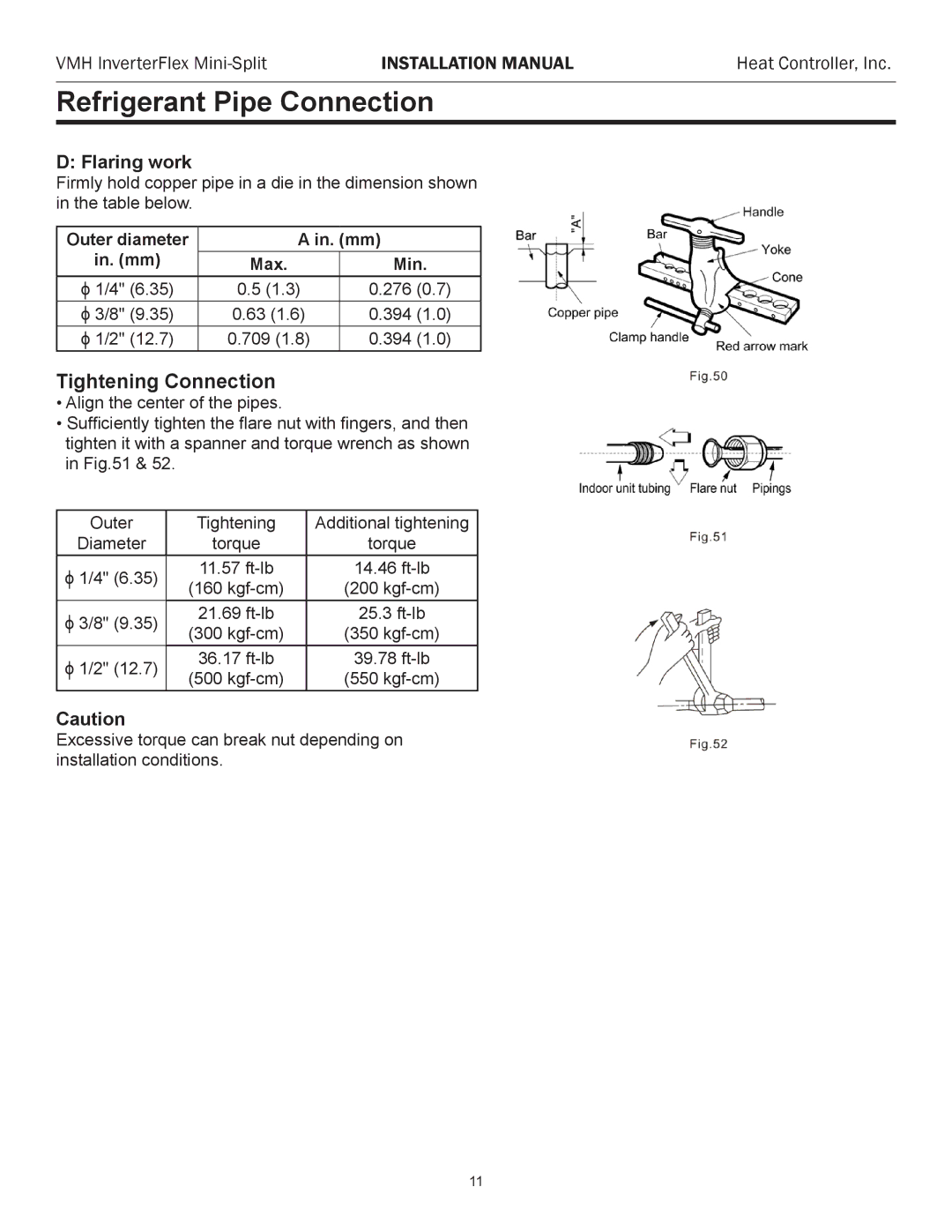 Heat Controller VMH 36, VMH 27, VMH 18, VMH 09, VMH 12 Refrigerant Pipe Connection, Tightening Connection, Flaring work 