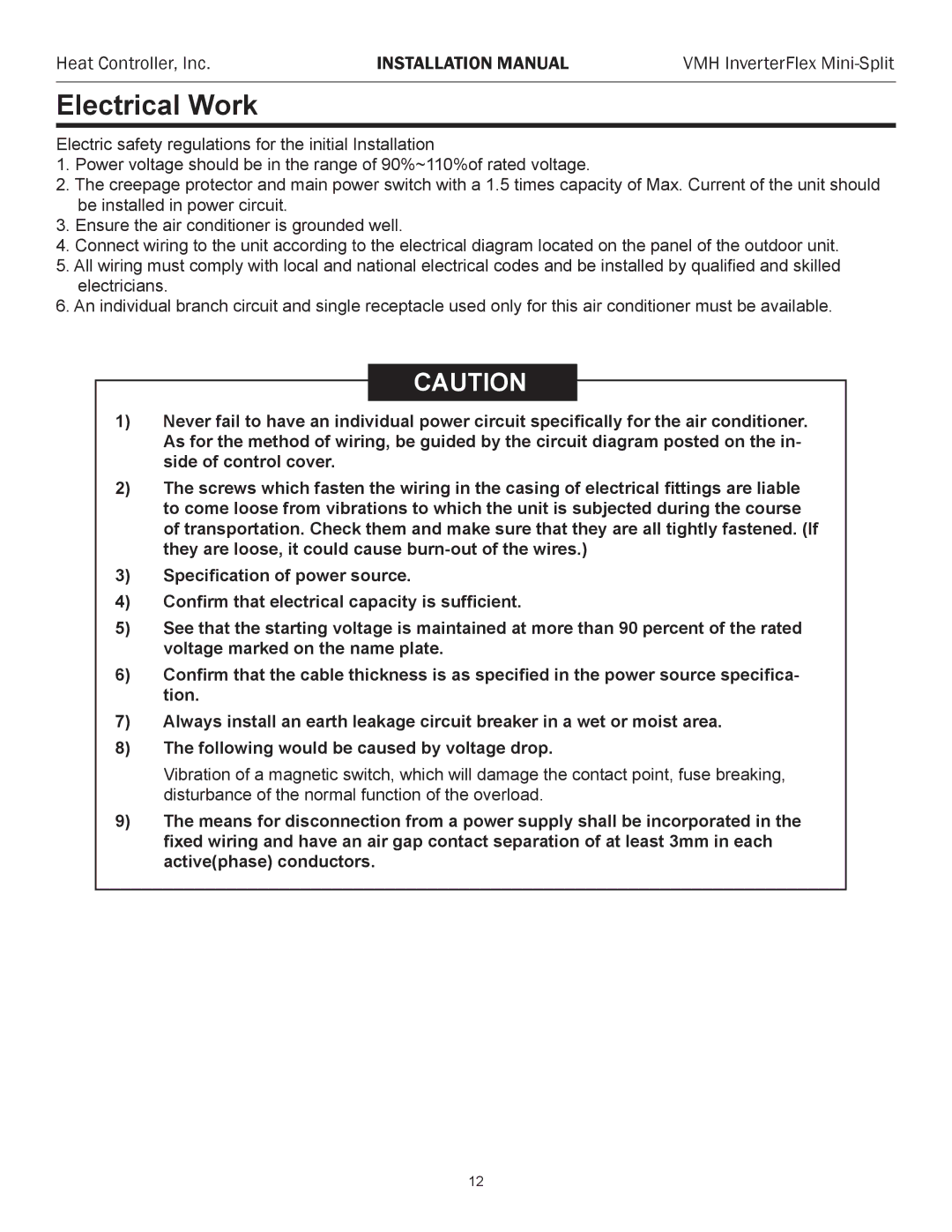 Heat Controller VMH 09, VMH 27, VMH 18, VMH 36, VMH 12 installation manual Electrical Work 