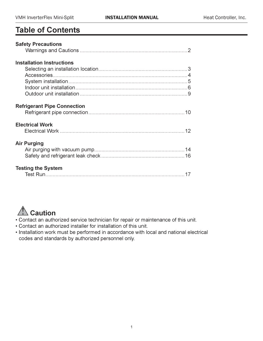 Heat Controller VMH 36, VMH 27, VMH 18, VMH 09, VMH 12 installation manual Table of Contents 