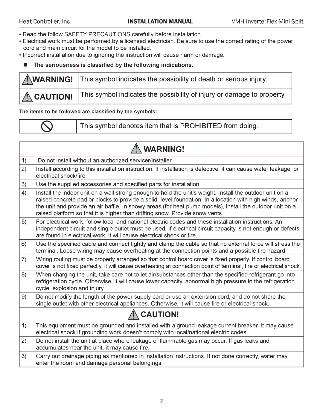 Heat Controller VMH 09, VMH 27, VMH 18, VMH 36, VMH 12 This symbol denotes item that is Prohibited from doing 