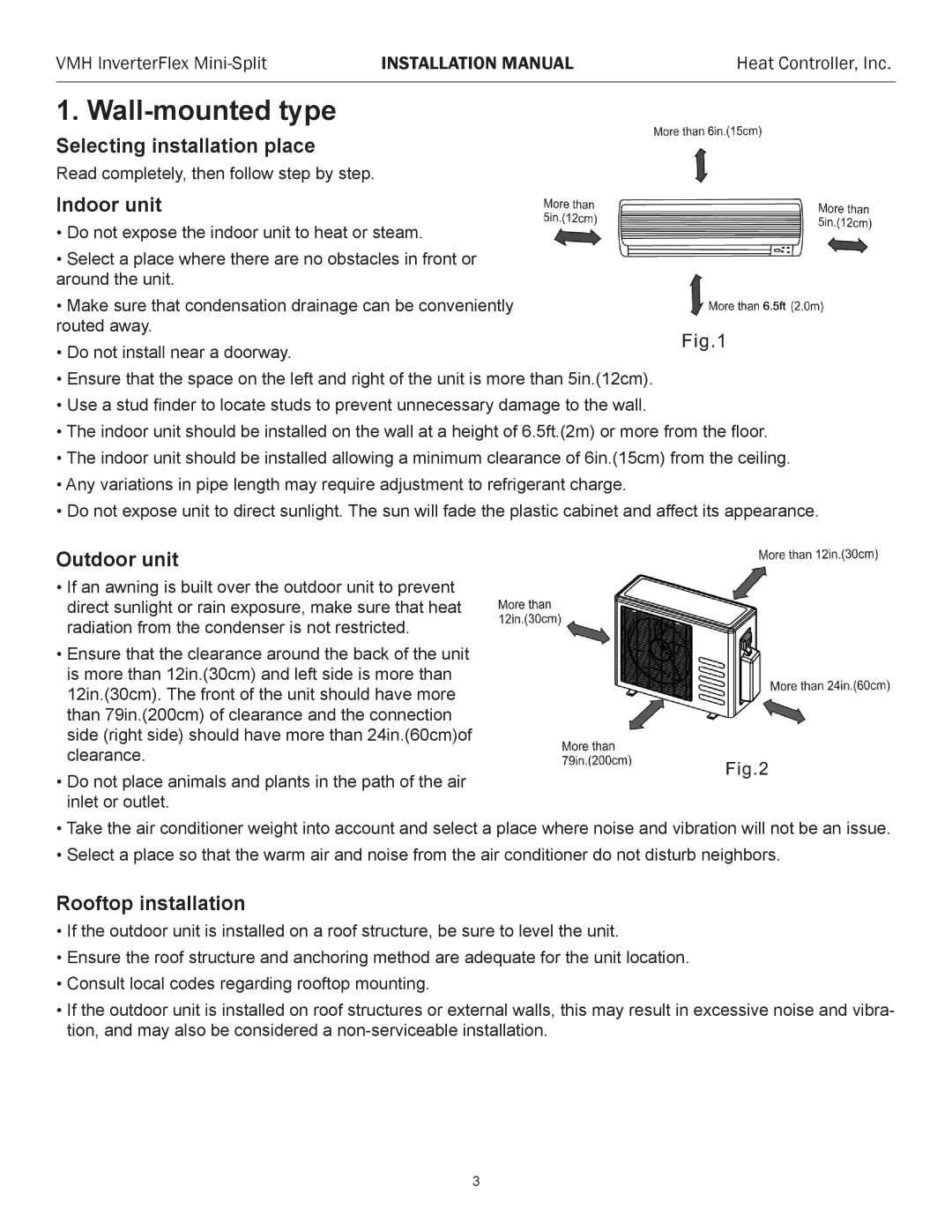 Heat Controller VMH 12 Wall-mounted type, Selecting installation place, Indoor unit, Outdoor unit, Rooftop installation 