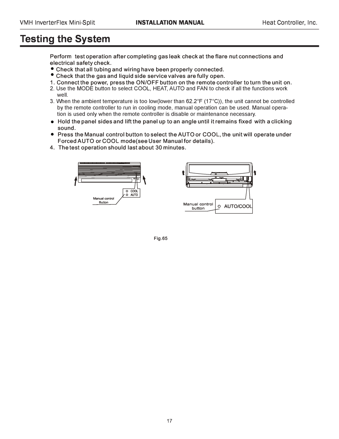 Heat Controller VMH 09, VMH 27 Testing the System, VMH InverterFlex Mini-Split, Installation Manual, Heat Controller, Inc 