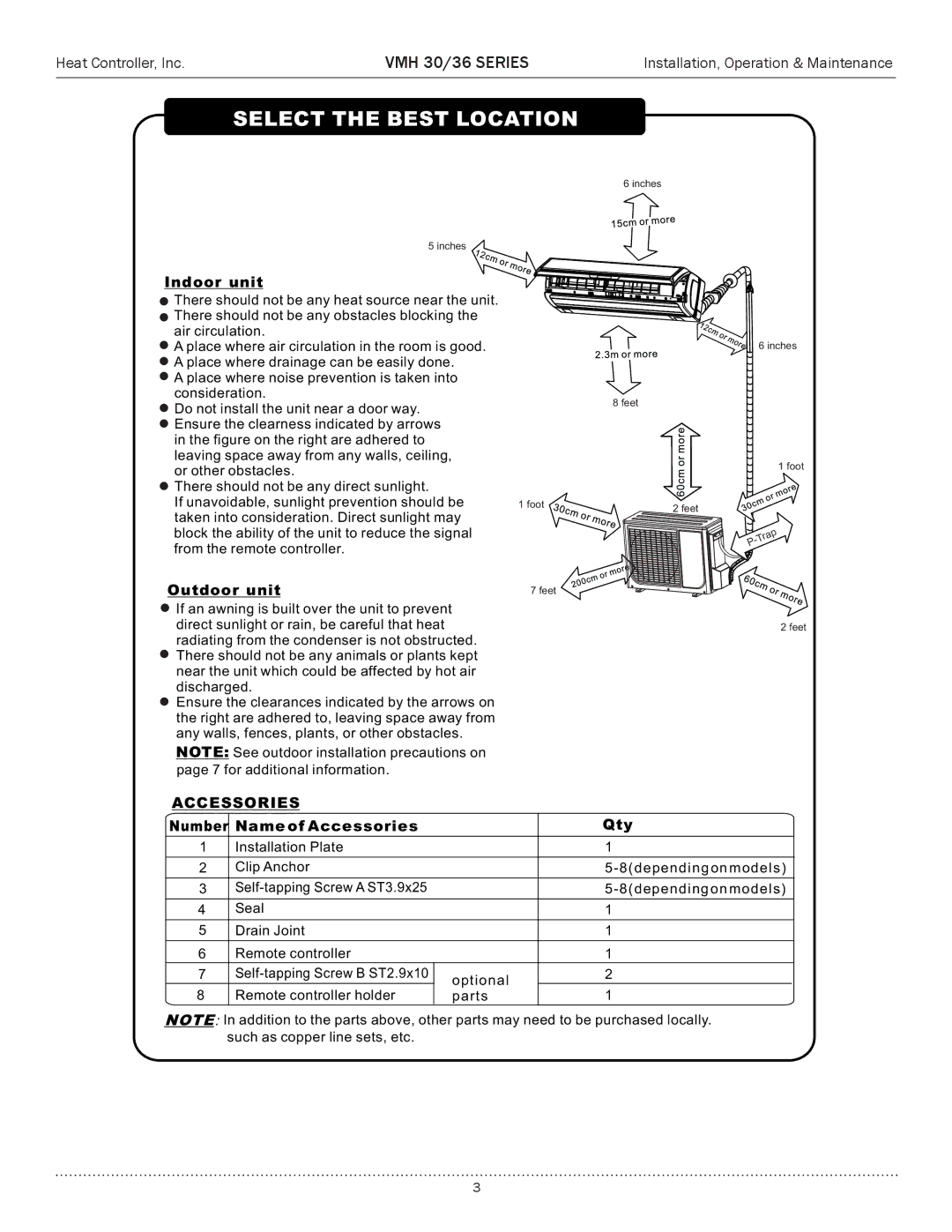 Heat Controller VMH 30 manual Indoor unit, Outdoor unit, Name of Accessories Qty 