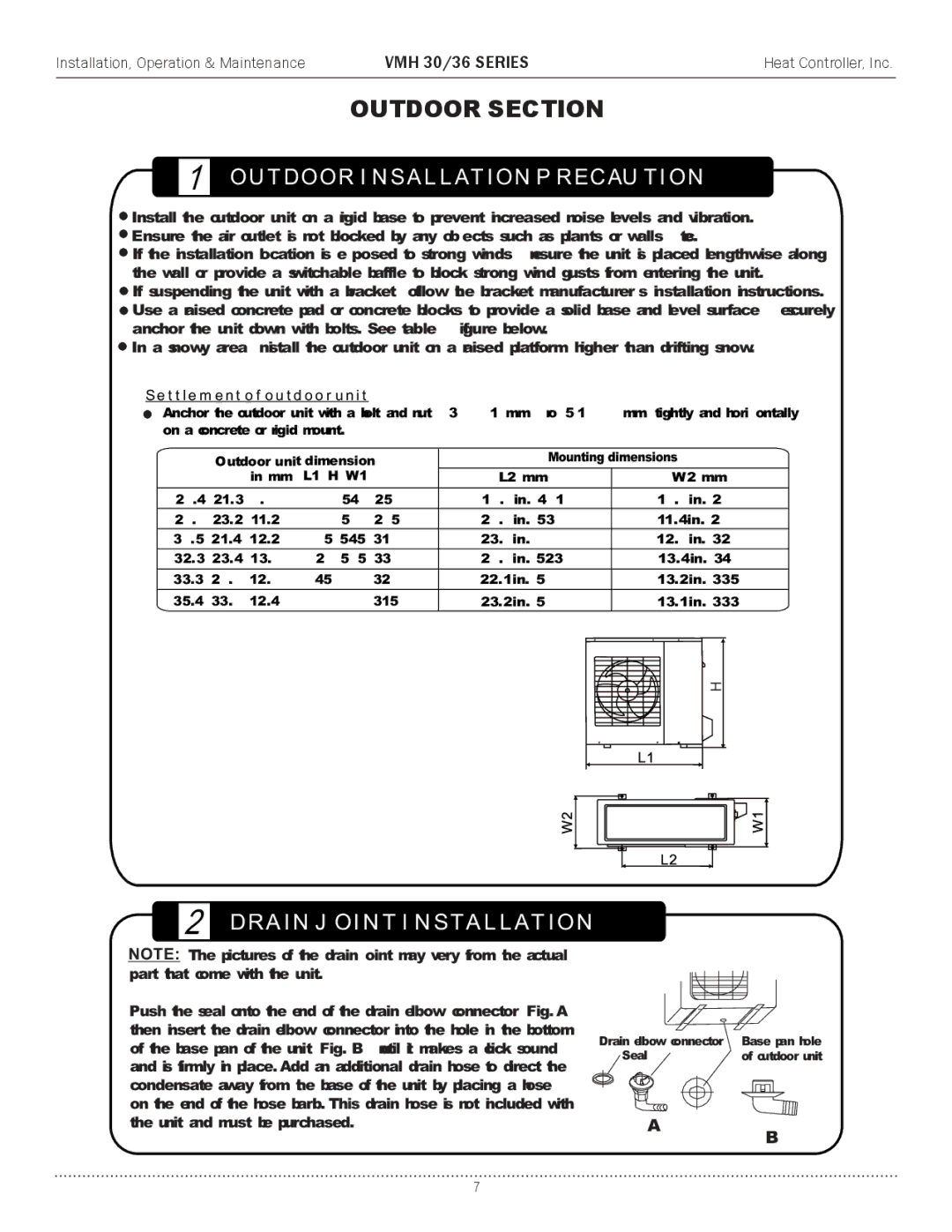 Heat Controller VMH 30 manual Outdoor Section, Settlement of outdoor unit 